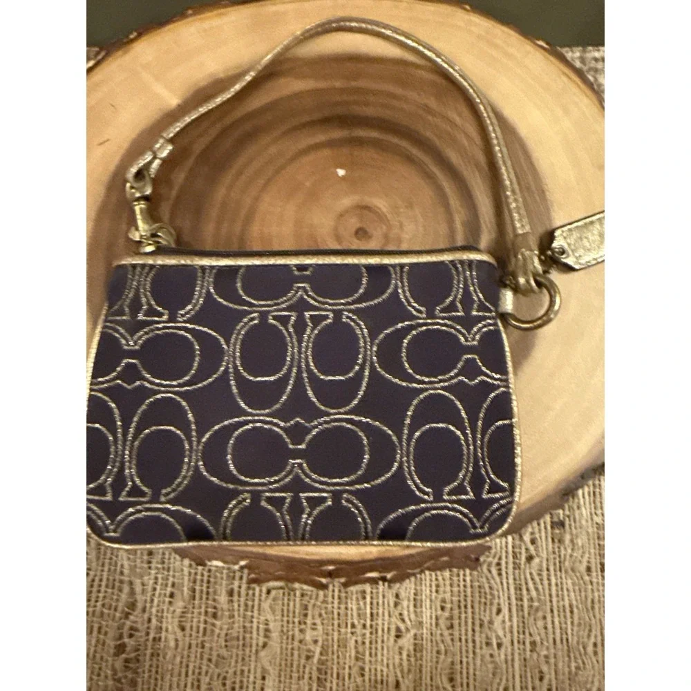 Coach Poppy Wristlet Small Wallet Pouch Purple Gold Leather Trim Canvas